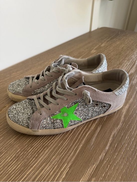 Golden Goose Shoes - Golden Goose Silver Glitter Sneakers with Neon Green Star